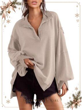 Oversized Button Down V Neck Sweatshirt Loose Pullover Top